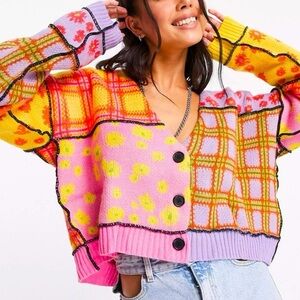 The Ragged Priest Oversized Cardigan in Patchwork Daisy Check.